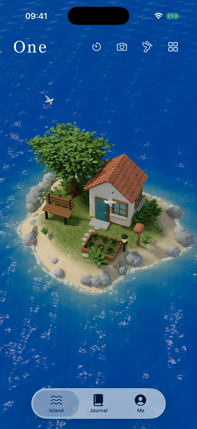 An island, a home and blue ocean in One Island